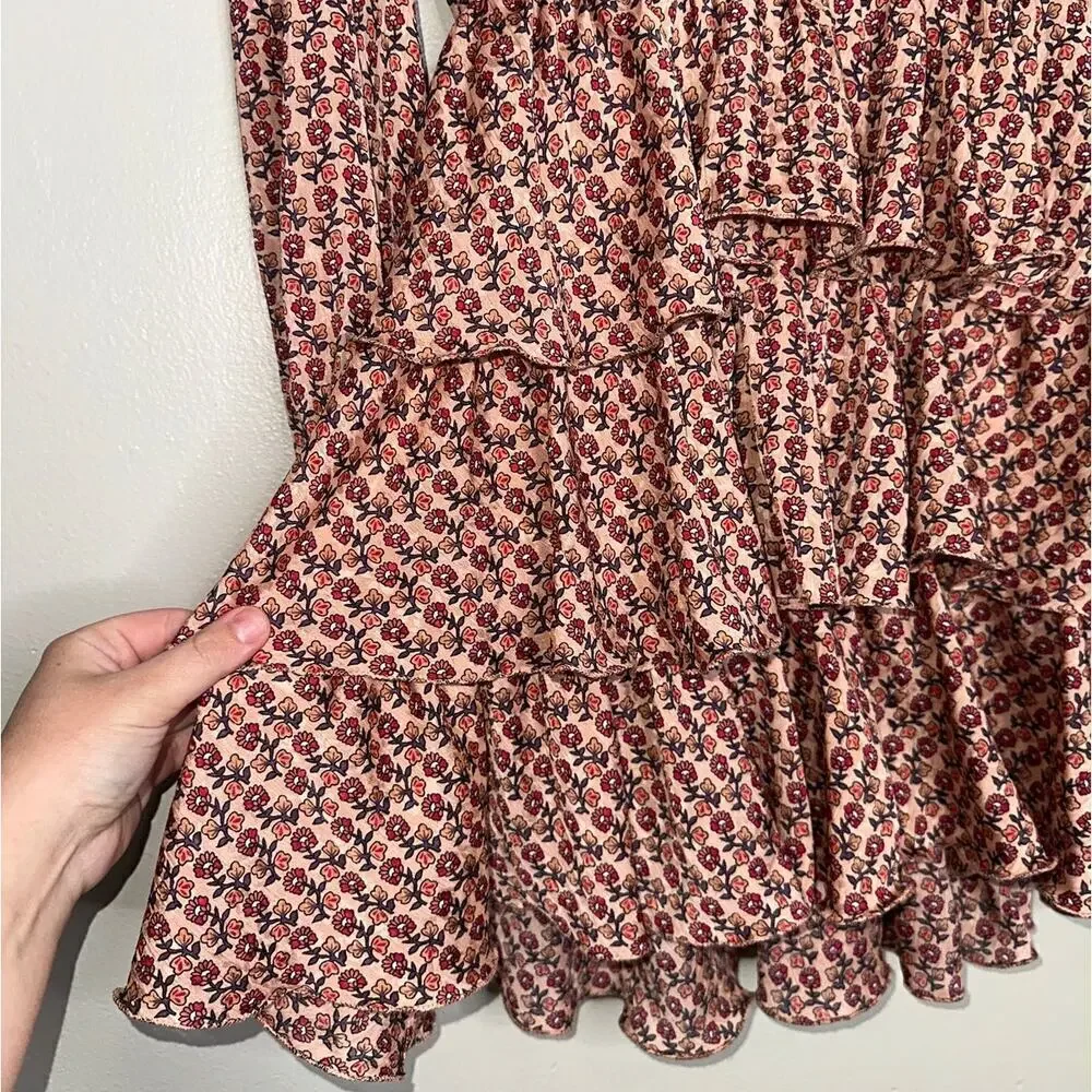 NWOT Maje Flounced Floral Printed Flowing Mini Dress Tiered Skirt Pink Size XS